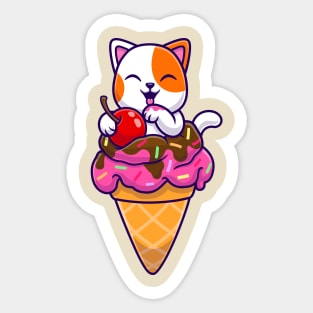 Cute Cat On Ice Cream Cone Cartoon Sticker